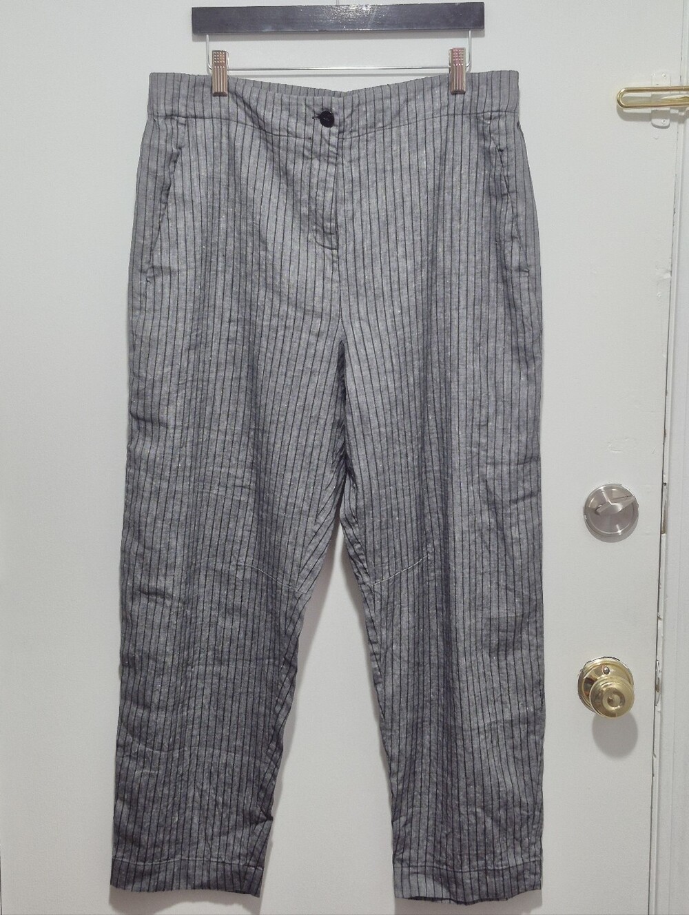 Ruti Linen Pinstripe Cropped Barrel Leg Trousers Chambray Pants NWOT - Large